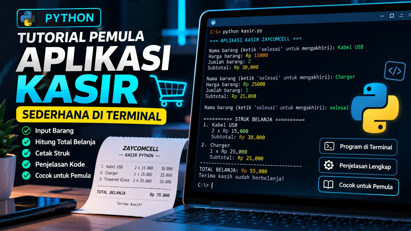 Tutorial Python pemula membuat aplikasi kasir sederhana di terminal